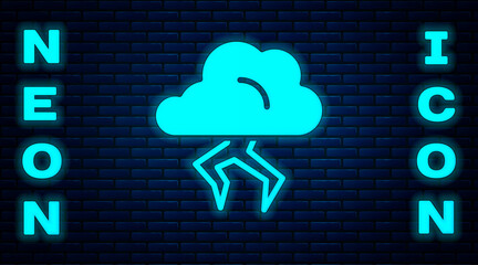 Sticker - Glowing neon Storm icon isolated on brick wall background. Cloud and lightning sign. Weather icon of storm. Vector