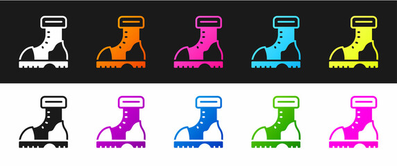 Sticker - Set Waterproof rubber boot icon isolated on black and white background. Gumboots for rainy weather, fishing, gardening. Vector