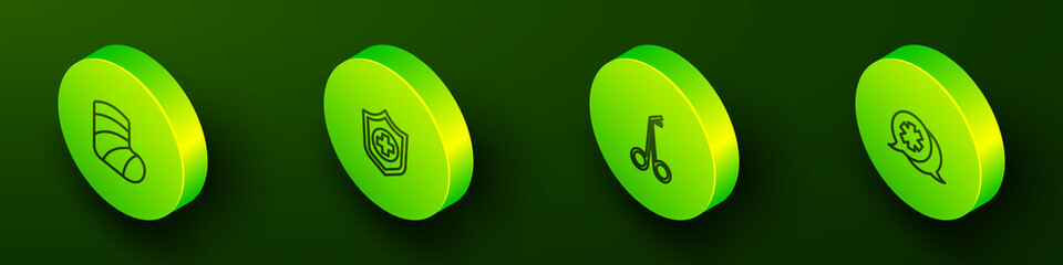 Sticker - Set Isometric line Gypsum, Life insurance in hand, Medical scissors and Dialogue with the doctor icon. Vector