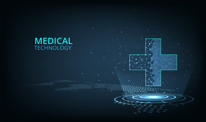 Aufkleber - Medical technology symbol concept.Web healthcare diagnosis modern hospital technology network banner on dark blue background.Vector illustration.Eps10