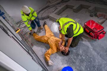 Electric worker suffered an electric shock accident unconscious. Safety team CPR for first aid Electric worker loses in electric shock accident at work on site. Accident in control room of factory.