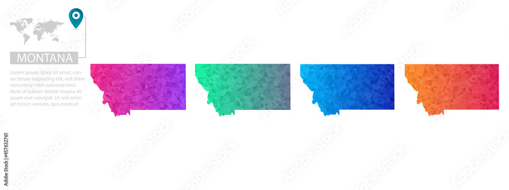 Set of vector polygonal Montana maps. Bright gradient map of country in ...