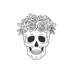Wall Mural - human skull with floral wreath of wildflowers, leaves, roses and peonies.