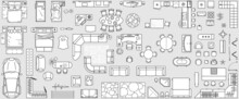 Set Top View For Interior Icon Design. Floor Plan.
Architecture Plan With Furniture In Top View. The Layout Of The Apartment, Technical Drawing  Kitchen, Living Room And Bedroom. Vector Illustration.