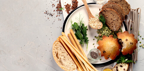 Wall Mural - Containing gluten food on light background.