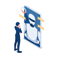 Poster - isometric businessman talking with chat bot in smartphone