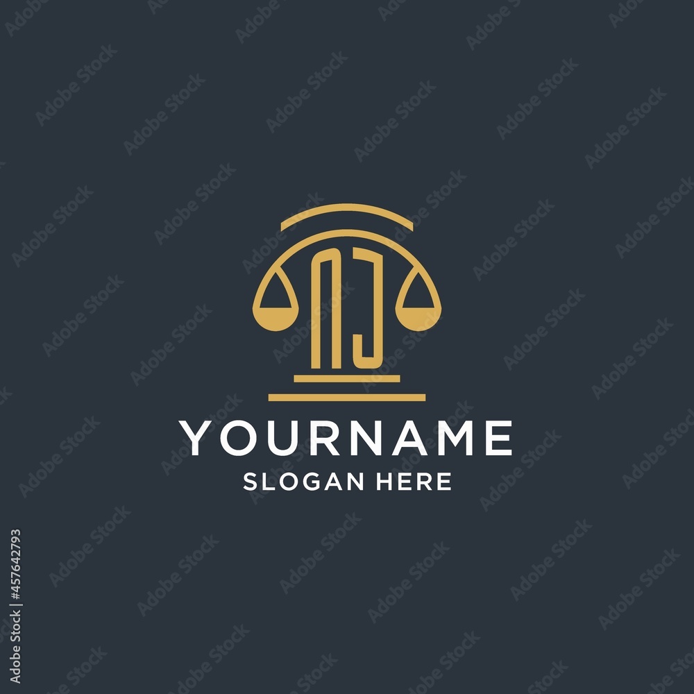 NJ initial with scale of justice logo design template, luxury law and ...