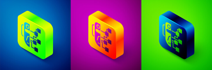 Wall Mural - Isometric Humanoid robot icon isolated on blue, purple and green background. Artificial intelligence, machine learning, cloud computing. Square button. Vector