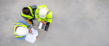 Banner : Civil Engineer Inspect Structure At Construction Site Against Blueprint, Building Inspector Join Inspect Building Structure With Civil Engineer. Civil Engineer Hold Blueprint Inspect Building