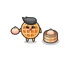 Sticker - cute circle waffle character eating steamed buns