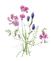 Poster - Watercolor bouquet of pink and blue flowers