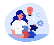 Happy Female Cartoon Character Putting Pieces Of Puzzle Together. Woman With New Idea Solving Problem Flat Vector Illustration. Strategy, Solution, Success Concept For Banner Or Landing Web Page