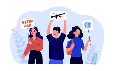 Wall Mural - Cartoon activists with placards protesting against war. People at demonstration against violence flat vector illustration. War, peace, protest concept for banner, website design or landing web page