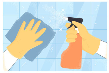 Hands of cartoon person cleaning kitchen or bathroom surfaces. Person in rubber gloves holding spray bottle and wiping tiles clean flat vector illustration. Housework, housekeeping concept for banner