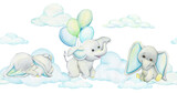 Fototapeta Dziecięca - Elephants, balloons, clouds. Watercolor seamless pattern in cartoon style, on an isolated background.
