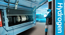 Hydrogen Gas Station And Bus With An Open Hood And A Hydrogen Cylinder Inside. Clean Mobility Concept