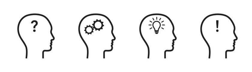 Question mark, gears, light bulb, exclamation mark in human head silhouettes. Brainstorming, business icons set.