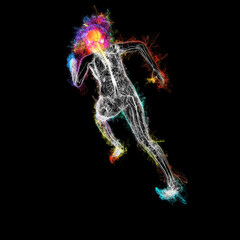 Wall Mural - Anatomy, human body with dynamic glowing energy field, female in a strong running position, fresh ideas from the brain in neon glowing colors, rainbow, 3d illustration