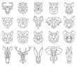 Polygonal geometric linear animal fox, deer, bear portraits. Animals heads, owl, lion, zebra and monkey triangular portraits vector illustration set. Low poly animal face