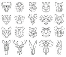 Polygonal Geometric Linear Animal Fox, Deer, Bear Portraits. Animals Heads, Owl, Lion, Zebra And Monkey Triangular Portraits Vector Illustration Set. Low Poly Animal Face