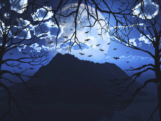 Wall Mural - 3d halloween landscape with flying bats