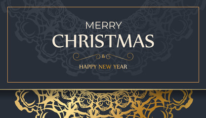 Poster - Festive Brochure Merry Christmas and Happy New Year in dark blue color with abstract gold pattern