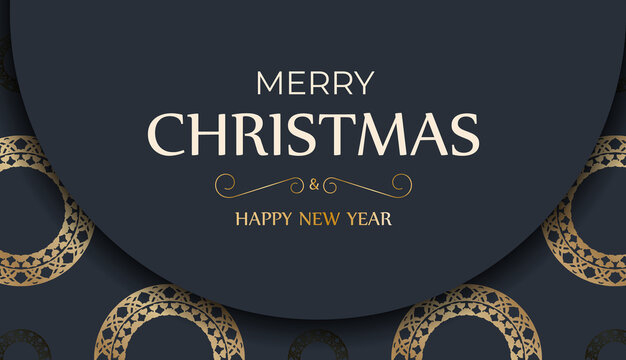 Festive flyer happy new year dark blue color with winter gold pattern