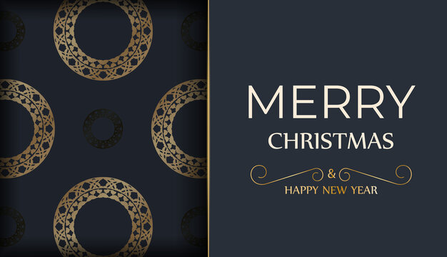 Festive flyer happy new year in dark blue with luxury gold pattern