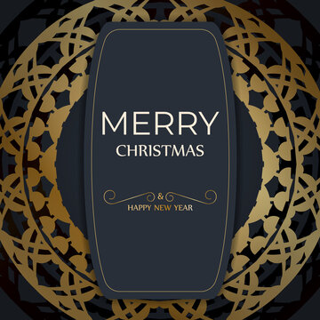 Festive flyer merry christmas dark blue color with vintage gold ornament