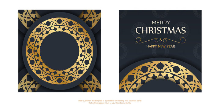 Festive flyer merry christmas dark blue with vintage gold pattern