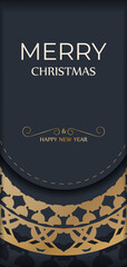 Poster - Greeting card template Merry Christmas and Happy New Year in dark blue with winter gold pattern