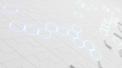 Poster - Hexagon pattern on white background.,Hexagonal molecule structure on white,science and technology concept,neon light,3d rendering