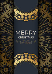Poster - Holiday card Merry Christmas and Happy New Year in dark blue color with winter gold ornament