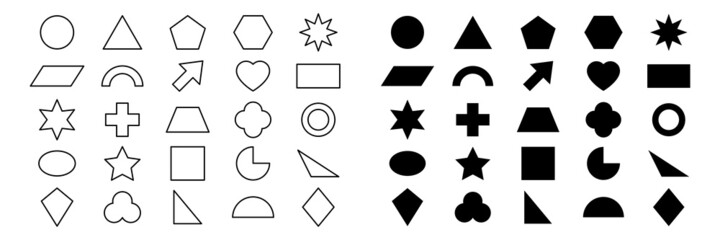 Poster - Geometric shape icon set. Black silhouette and line large collection basic figures. Vector isolated on white