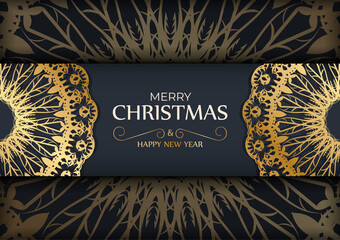 Poster - Holiday card Merry Christmas in dark blue color with vintage gold ornament