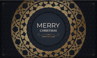 Poster - Postcard Template Merry Christmas in dark blue color with abstract gold pattern