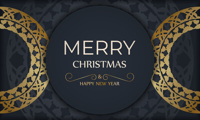 Poster - Postcard Template Merry Christmas in dark blue color with abstract gold pattern