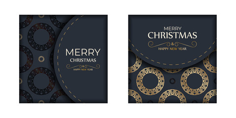 Poster - Postcard template Merry christmas in dark blue color with luxury gold ornaments