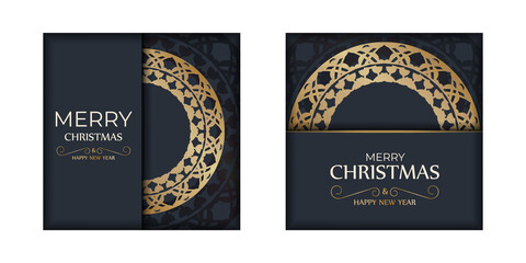 Poster - Postcard template Merry christmas in dark blue color with luxury gold pattern