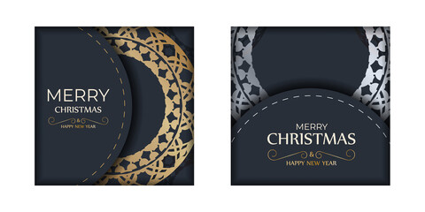 Poster - Postcard template Merry christmas in dark blue color with luxury gold pattern