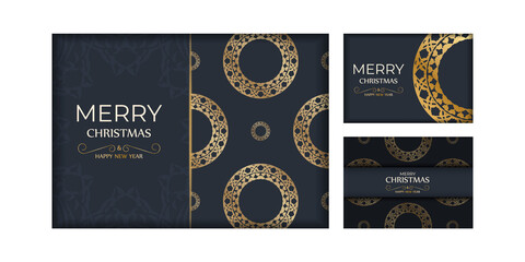 Poster - Postcard template Merry christmas in dark blue color with vintage gold ornament