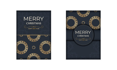 Poster - Postcard template Merry christmas in dark blue color with vintage gold ornament