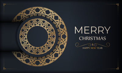 Poster - Postcard template Merry christmas in dark blue color with winter gold ornament