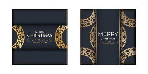 Poster - Postcard template Merry christmas in dark blue with vintage gold pattern