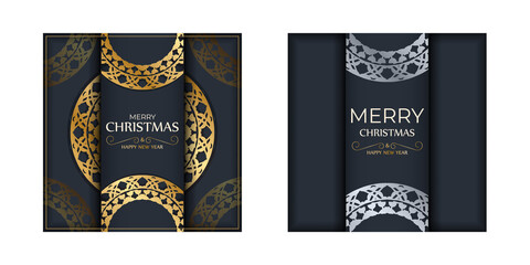 Poster - Postcard template Merry christmas in dark blue with vintage gold pattern
