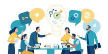 Brainstorming. The Team Discuss About  A Project. Light Bulb As A Symbol Of New Idea And Solving Problems. Vector Illustration.
