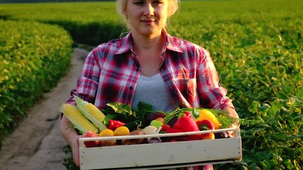 Poster - Woman farmer with a harvest of vegetables. Selective focus.