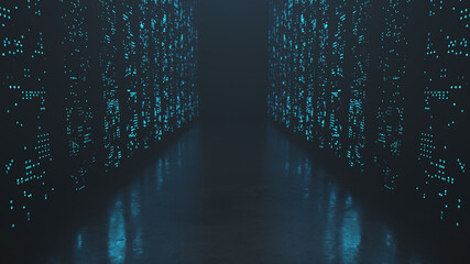Abstract background futuristic server room. Data center, neon lights glowing in the dark 3d illustration