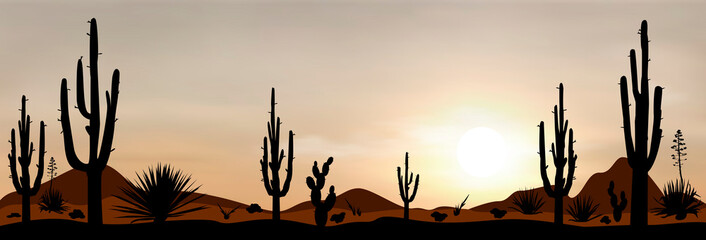 Mexico desert sunset 3. Sunset in the Mexican desert. Silhouettes of stones, cacti and plants. Desert landscape with cacti. The stony desert