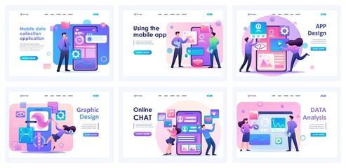 Poster - Collection of landing pages. Mobile applications for creating graphic design, data processing, data collection, online communication. 2D characters
